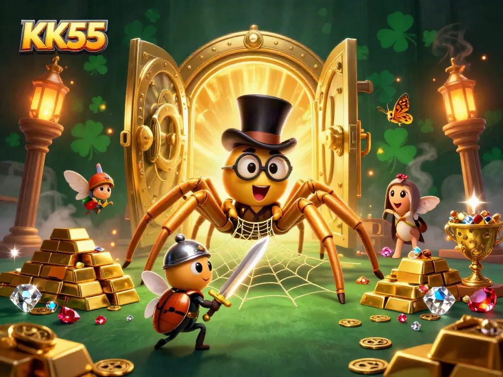 Catch your fortune at KK55 with this vibrant 3D illustration showcasing a playful casino scene filled with riches.