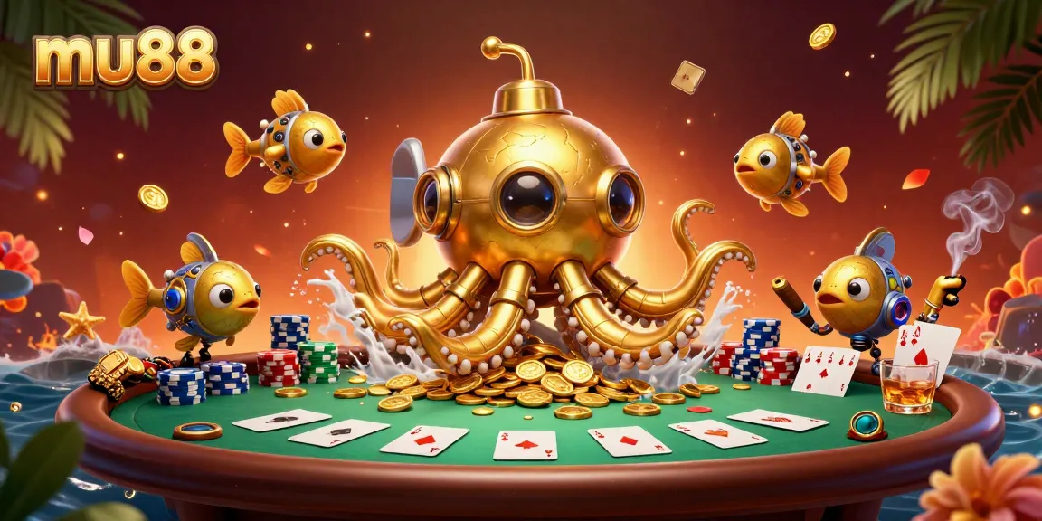 Engage with mu88's immersive casino experience featuring a vibrant kraken submarine surrounded by games and gold.
