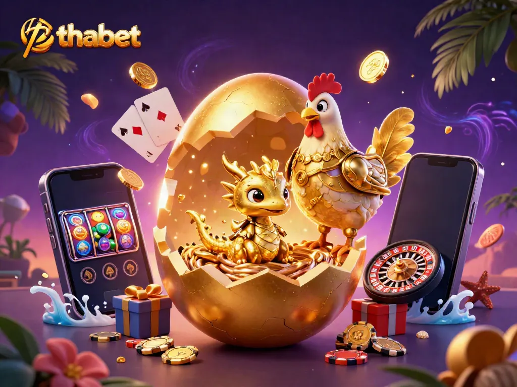 Experience thrilling slot adventures with thabet in this vibrant 3D casino illustration featuring gold dragon and chips.