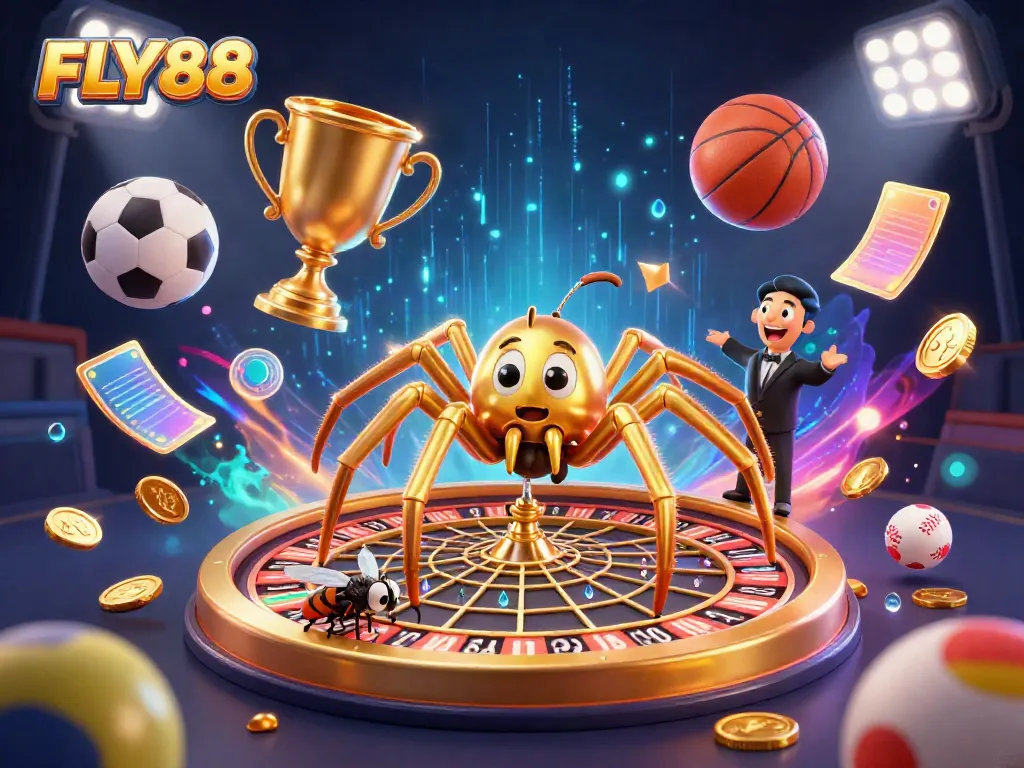 Engage with FLY88 as a golden spider spins its roulette wheel web, creating a vibrant casino scene.
