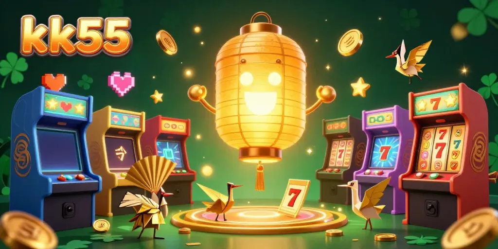 Experience the thrill of gaming with kk55 in this vibrant casino scene featuring a glowing lantern spirit and dynamic game elements.