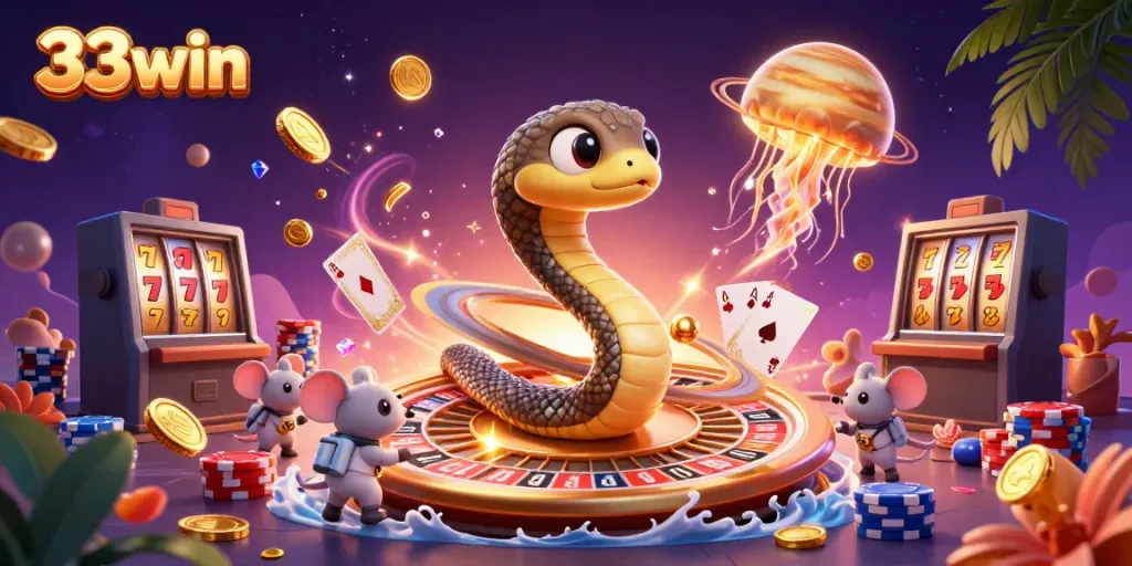 Experience thrilling bets at 33win with a snake roulette wheel and cosmic dealer
