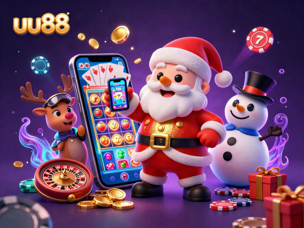 Experience thrilling jackpots at uu88 with this vibrant casino illustration featuring Santa and friends.