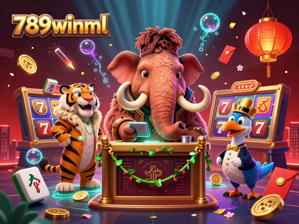Engage with 789winml at this vibrant casino scene featuring a mammoth bouncer and lively elements.
