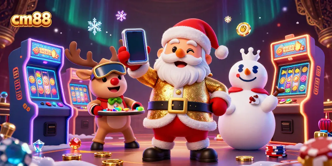 Spin to win at cm88 with Santa Claus, reindeer dealer, and poker chip snowman in a vibrant casino!