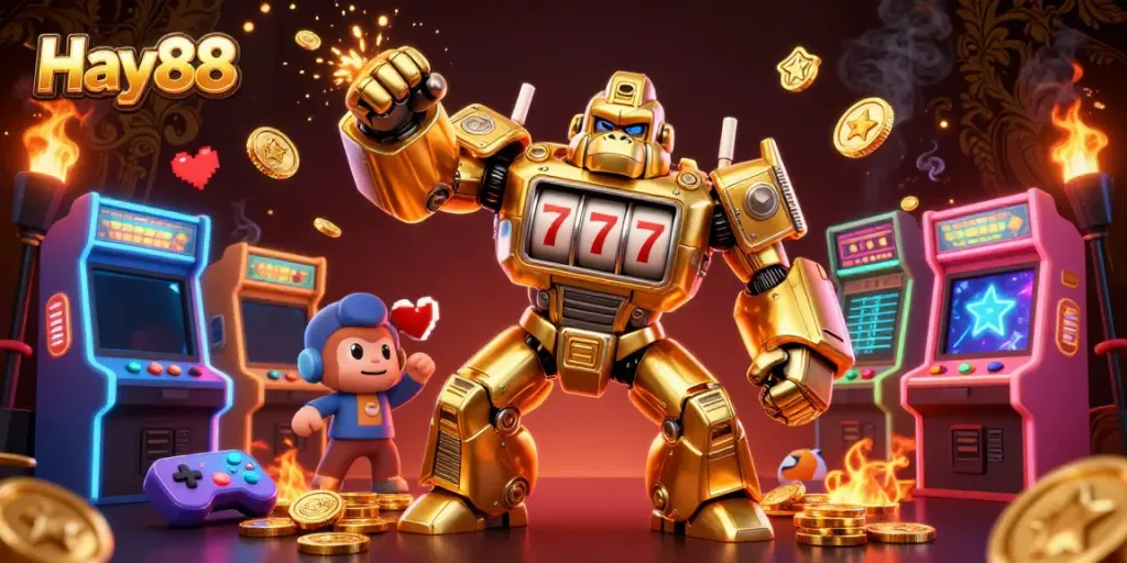 Engage in stunning gameplay with Hay88's transformer-style golden gorilla mech, roaring with excitement!