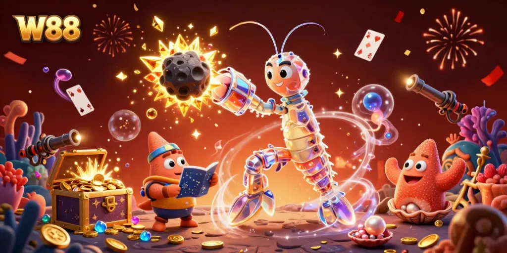 Engage in thrilling gameplay at W88 with vibrant characters and festive casino elements.