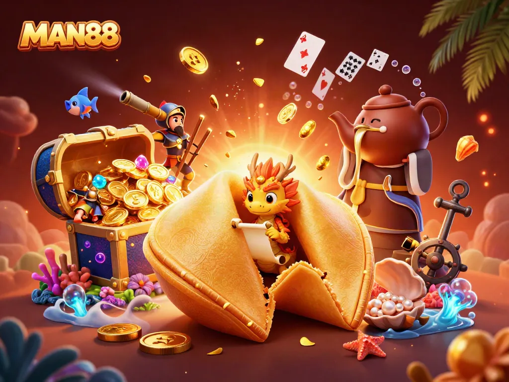 Experience the exciting adventures at MAN88 with a vibrant 3D casino fortune scene featuring playful dragons and gold treasures.