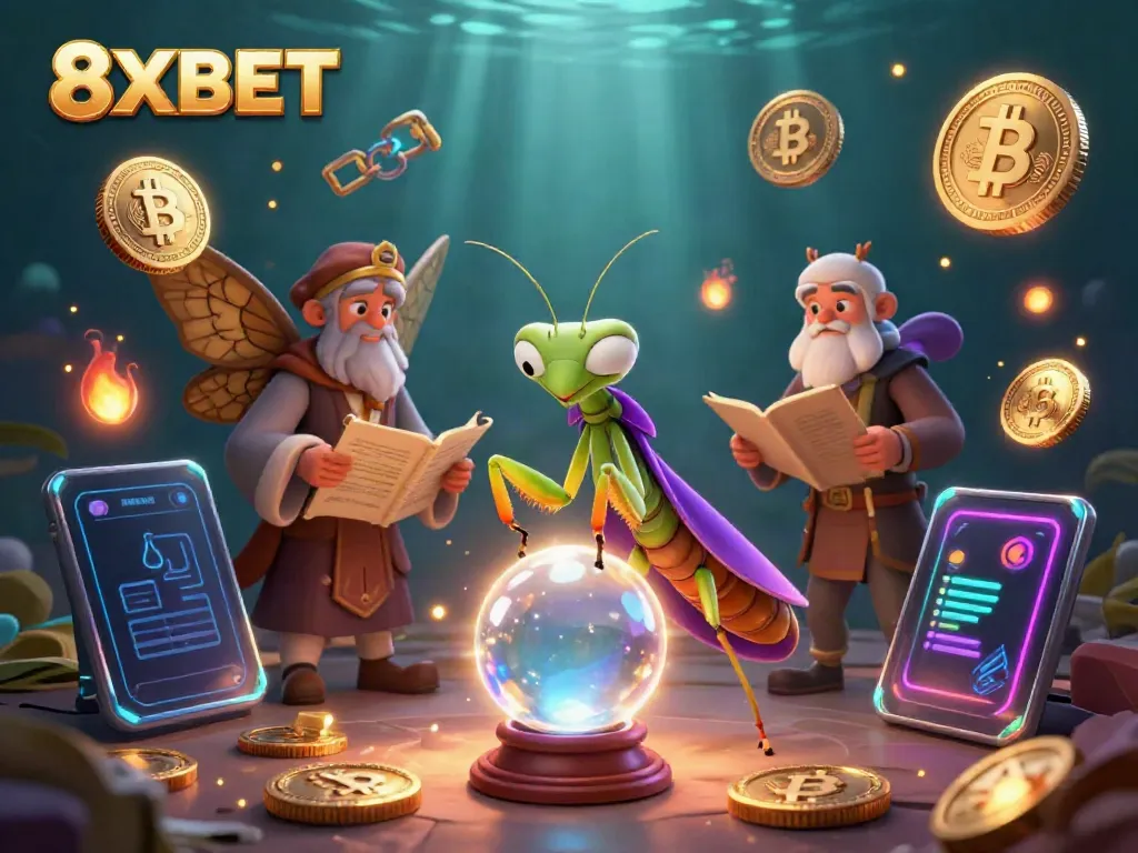 Engage with 8XBET's mystical world featuring a praying mantis fortune teller and captivating crypto elements.