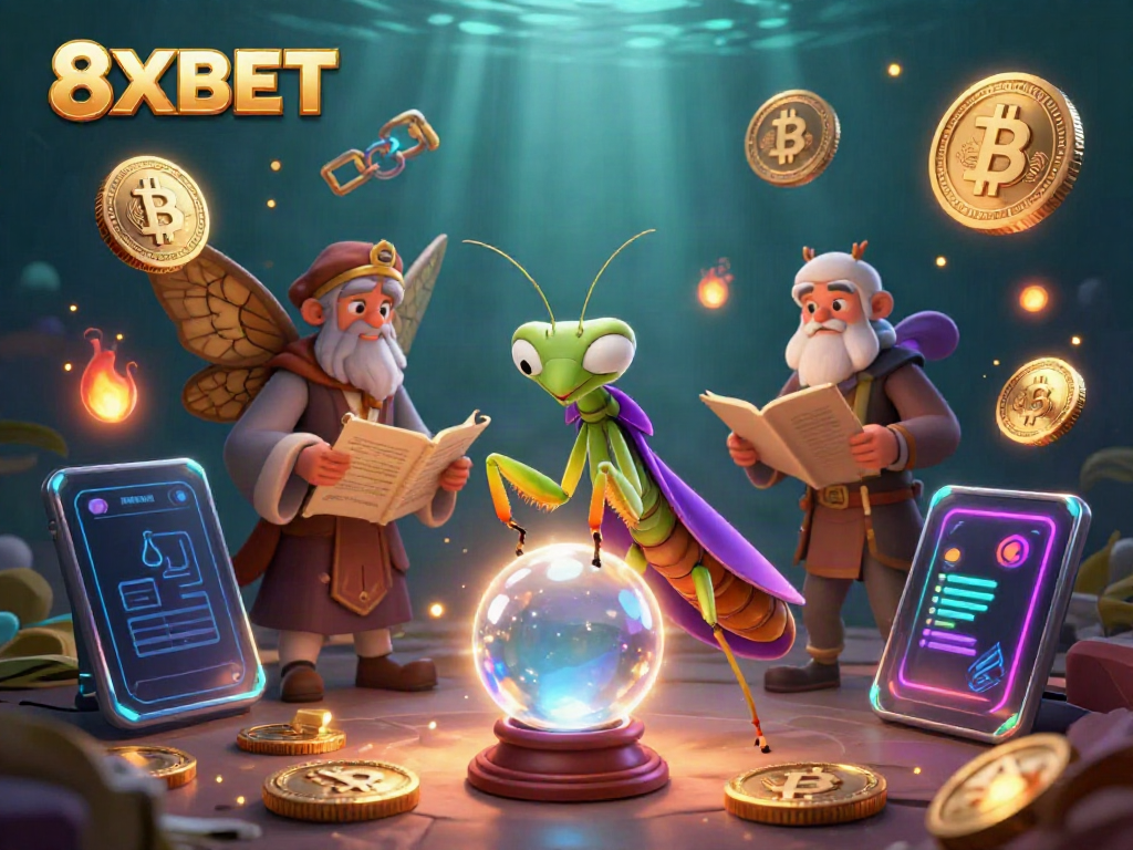 Engage with 8XBET's mystical world featuring a praying mantis fortune teller and captivating crypto elements.