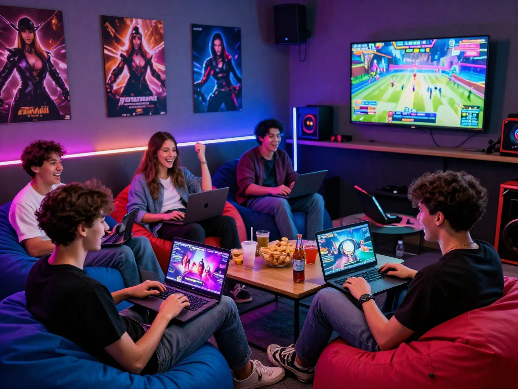 Engaging gaming scene with friends enjoying porno games in a cozy lounge.