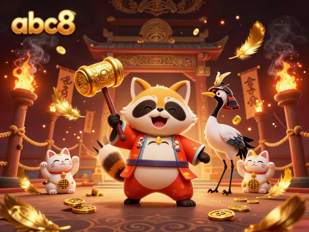 abc8 showcases a lively tanuki and crane in a vibrant casino-themed illustration.