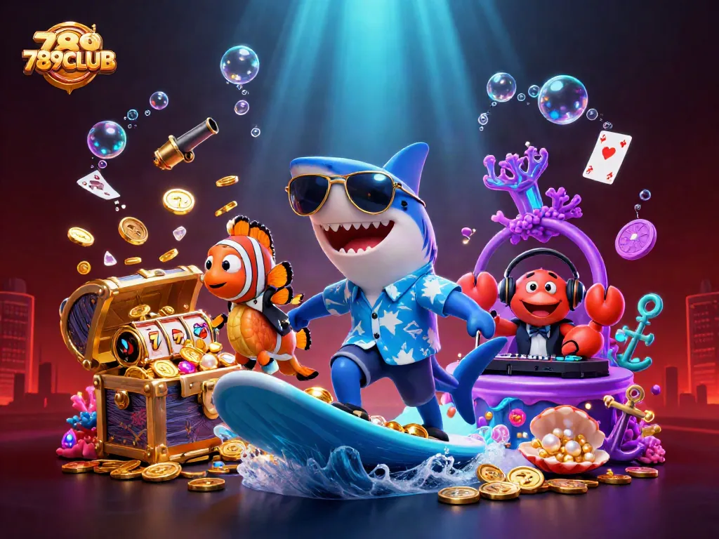 Win big at 789CLUB with vibrant games featuring a shark surfing on gold coins!