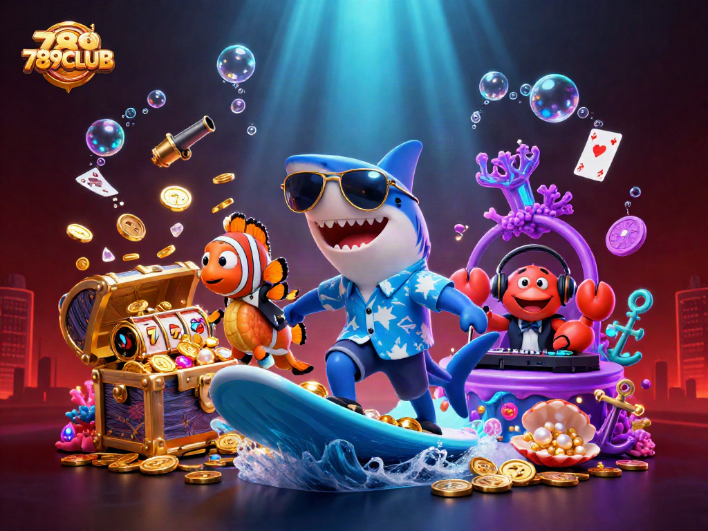 Win big at 789CLUB with vibrant games featuring a shark surfing on gold coins!