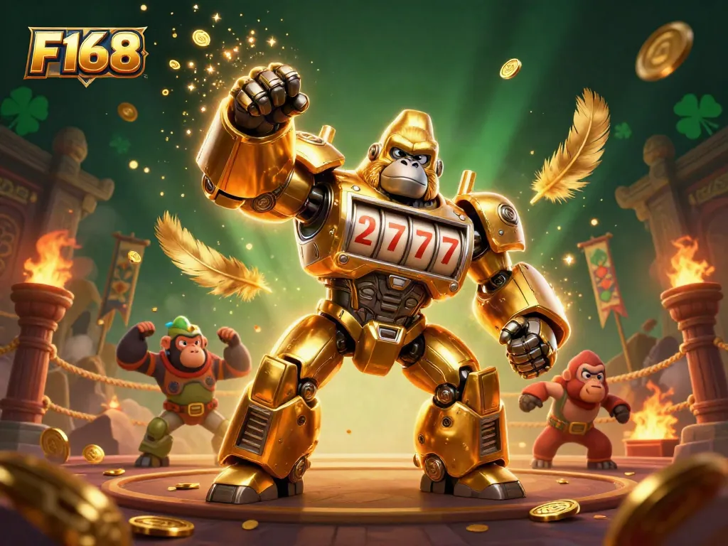Experience the thrill of F168 as a robotic gorilla mech unleashes coins from slot machine parts.