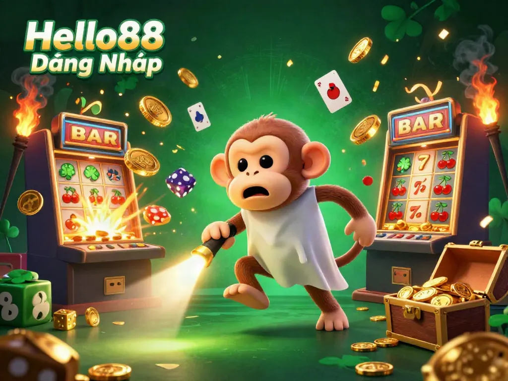 Experience the excitement of Hello88 Đăng Nhập with a captivating scene featuring a playful monkey and ghost-hunter puppy in a dynamic casino.