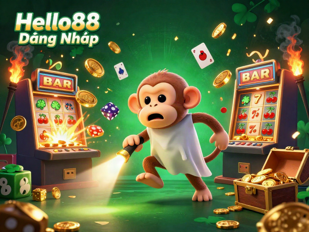 Experience the excitement of Hello88 Đăng Nhập with a captivating scene featuring a playful monkey and ghost-hunter puppy in a dynamic casino.