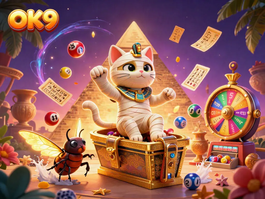 Engage with the vibrant gambling world of OK9, showcasing a 3D Egyptian mummy cat amidst dynamic casino elements.