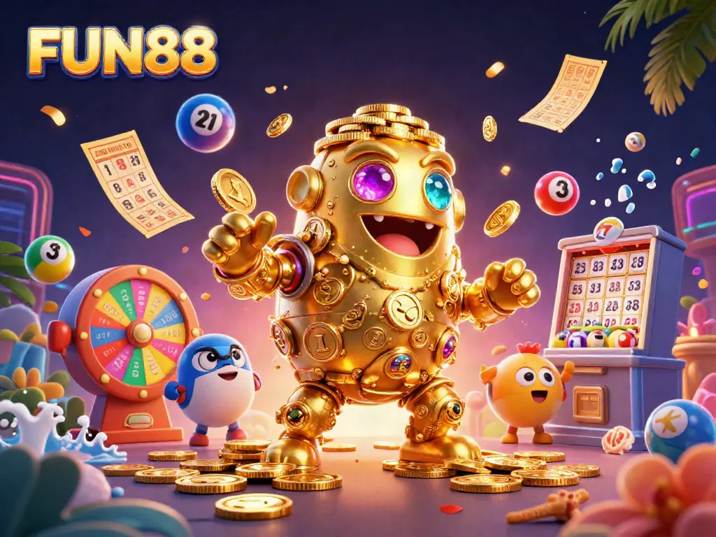 Engage with FUN88's dynamic gaming experience featuring a golden golem and vibrant lottery elements.