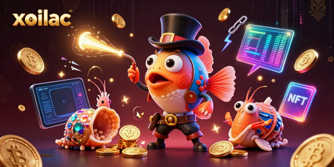 Xoilac features a dynamic scene with cartoon characters attracting coins, illustrating gaming excitement.
