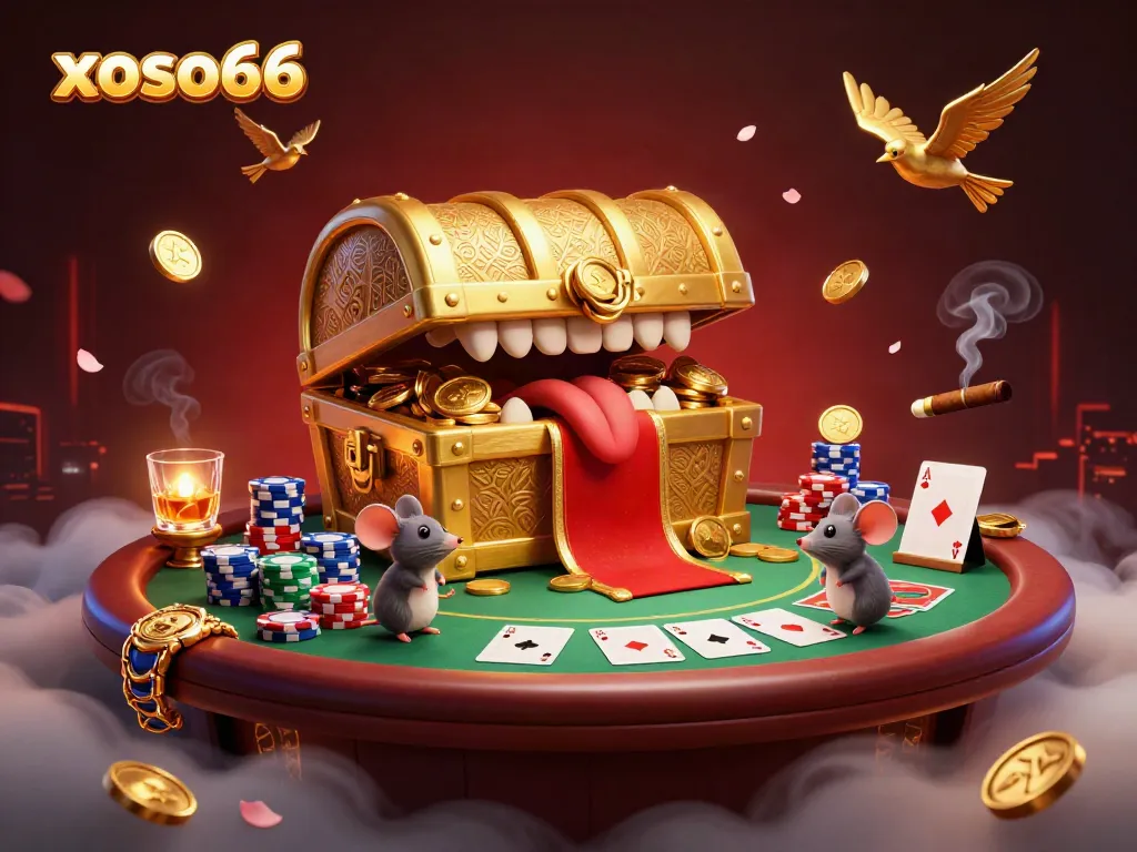 Experience thrilling moments at xoso66 with a cartoon treasure chest and a vibrant poker scene.