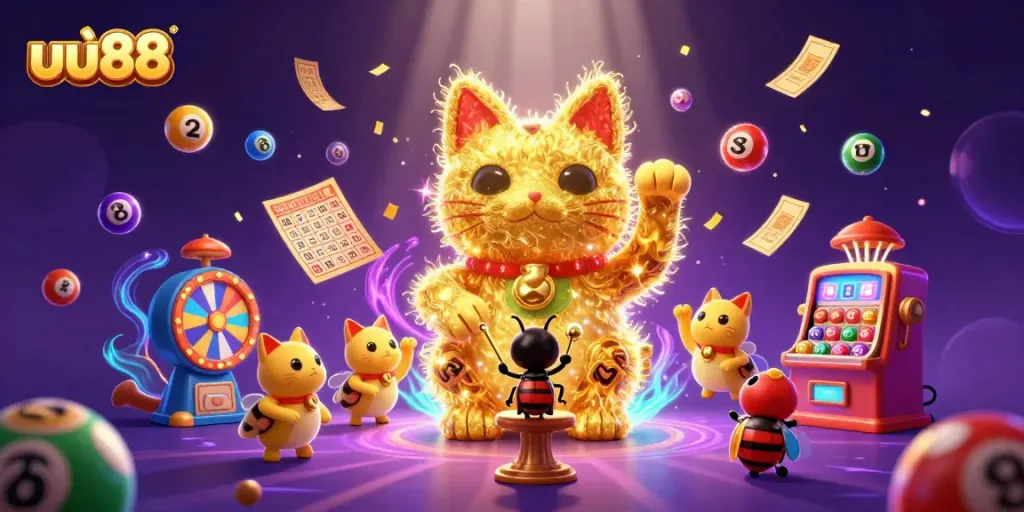Experience the enchanting uu88 universe with golden fireflies and vibrant casino elements.
