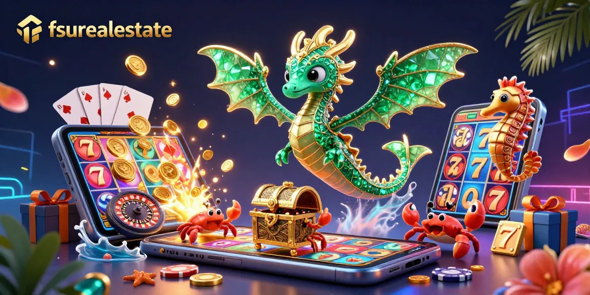 Engage with fsurealestate's vibrant casino-themed illustration featuring a sea dragon, slot games, and treasures.