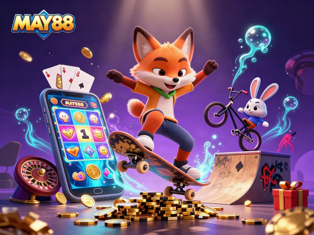 MAY88 game illustration featuring a dynamic 3D skateboarder fox and BMX rabbit amid vibrant casino-themed graphics.