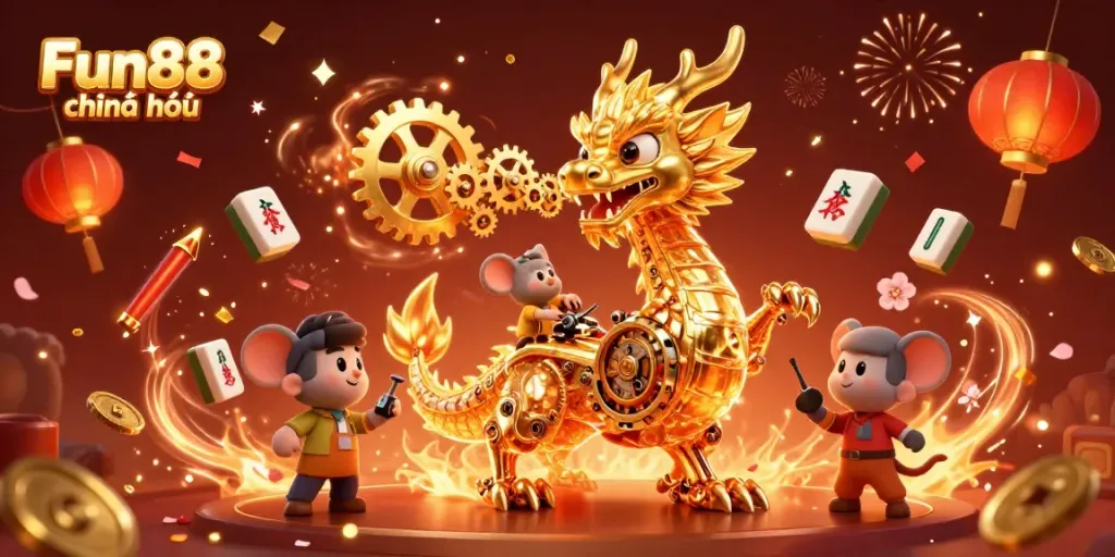 Join the adventure with Fun88 chính thức, featuring a golden dragon and vibrant casino elements in a dazzling illustration.