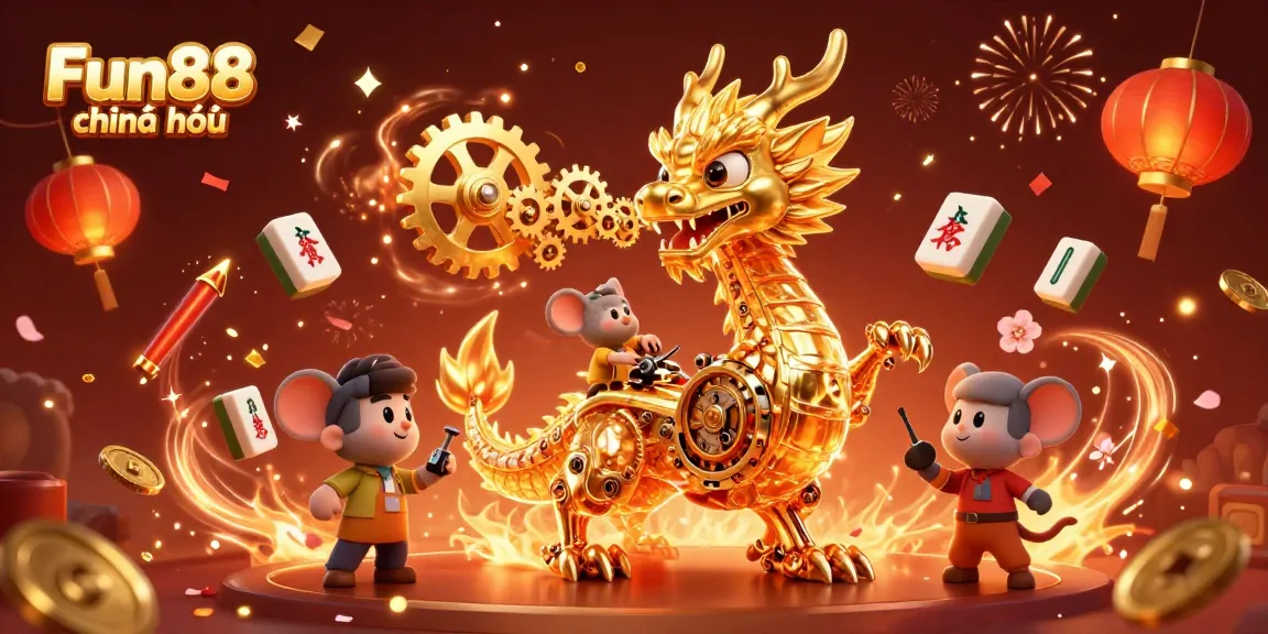 Join the adventure with Fun88 chính thức, featuring a golden dragon and vibrant casino elements in a dazzling illustration.