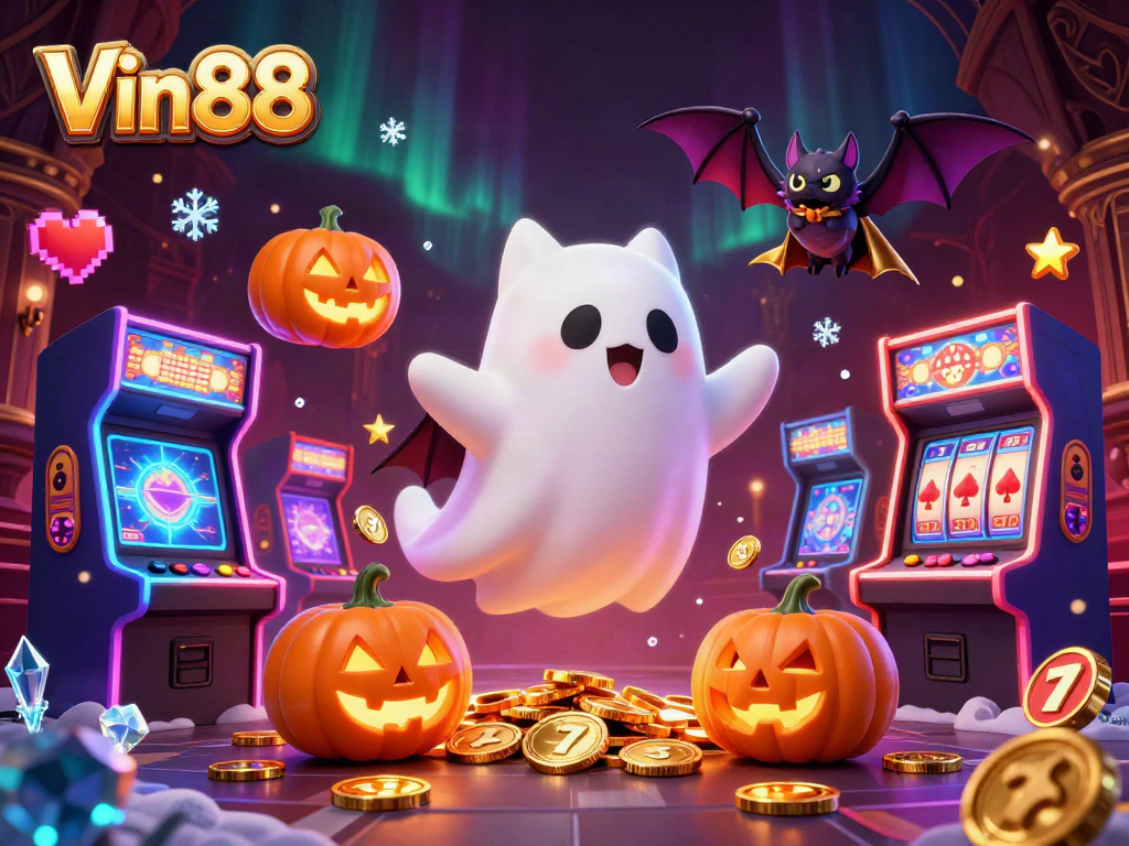 Win big with Vin88 in a vibrant 3D casino scene featuring a playful ghost cat and vampire bat.
